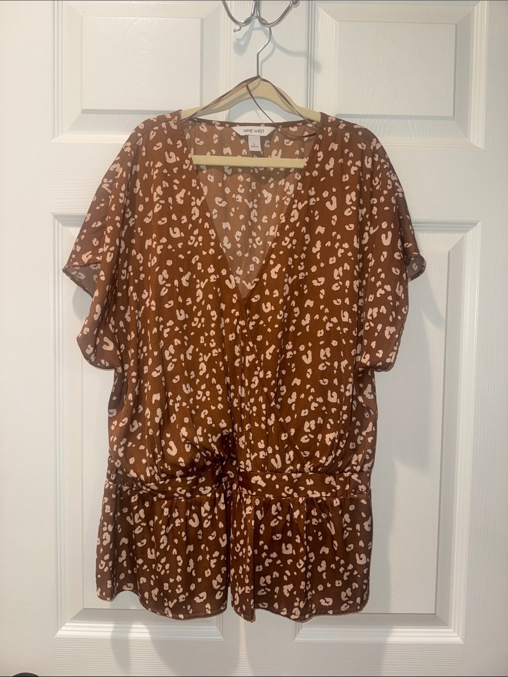 Nine West Brown Leopard-Print V-Neck Tunic Blouse